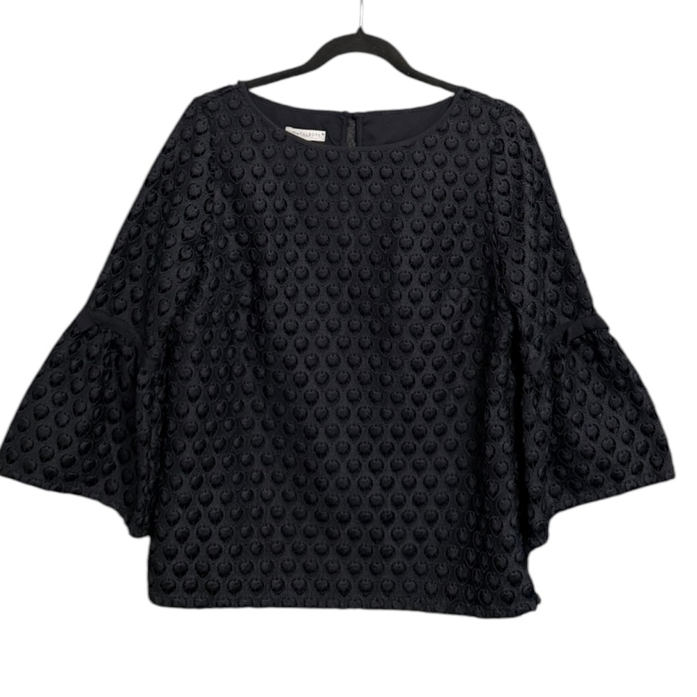 Talbots rsvp Navy Blue Cottagecore Textured Bell Sleeve Blouse Top SP Petite